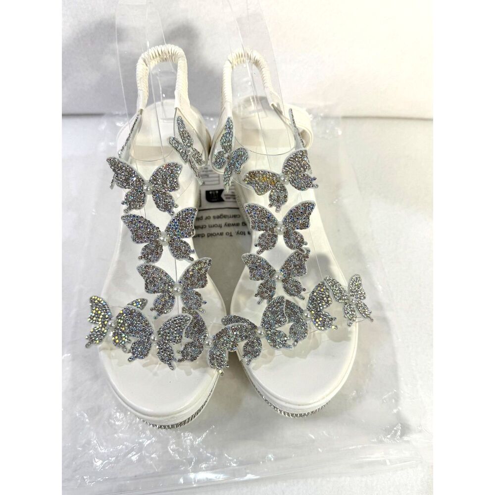 Women's Crystal Butterfly White Wedge Sandals Size 37 NWT